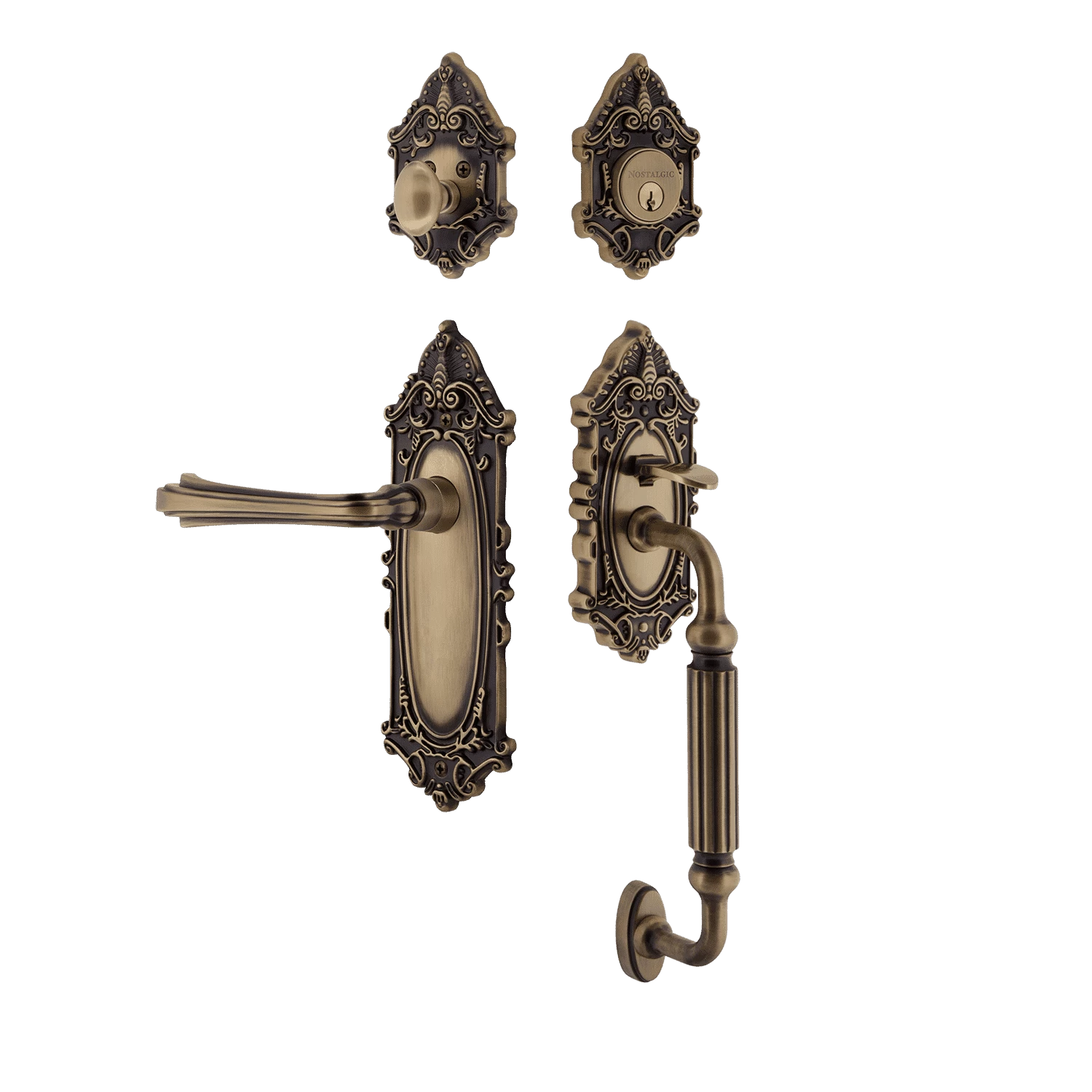 Victorian Plate F Grip Entry Set Fleur Lever In Antique Brass 3 Victorian Plate F Grip Entry Set Fleur Lever In Antique Brass