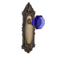 Victorian Long Plate With Cobalt Waldorf Knob In Antique Brass